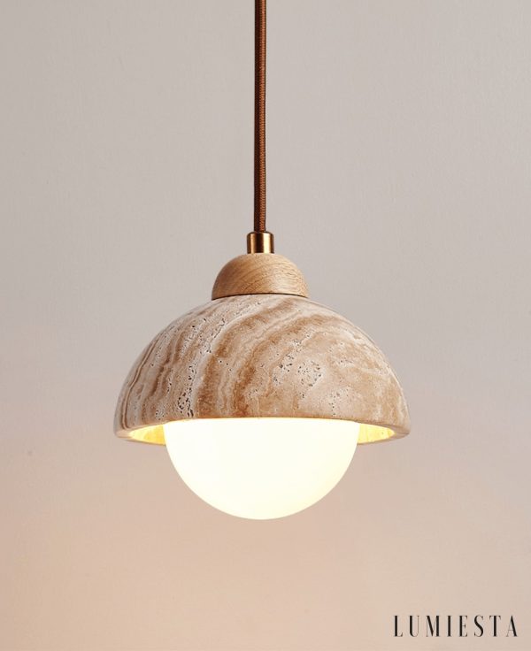 GinevraX - Lampa wisząca, żółty trawertyn i drewno, do salonu, Ø12/15 cm