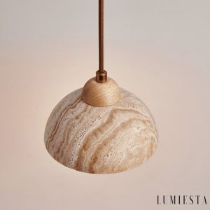 GinevraX - Lampa wisząca, żółty trawertyn i drewno, do salonu, Ø12/15 cm