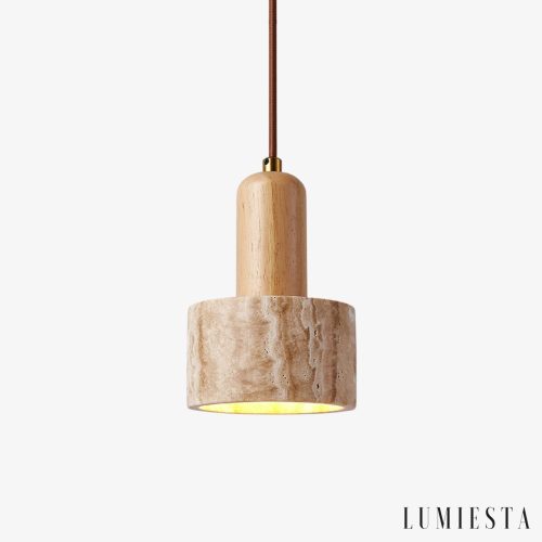 GinevraX - Lampa wisząca, żółty trawertyn i drewno, do salonu, Ø12/15 cm