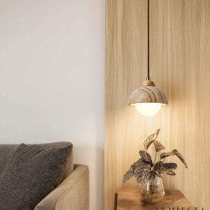 GinevraX - Lampa wisząca, żółty trawertyn i drewno, do salonu, Ø12/15 cm
