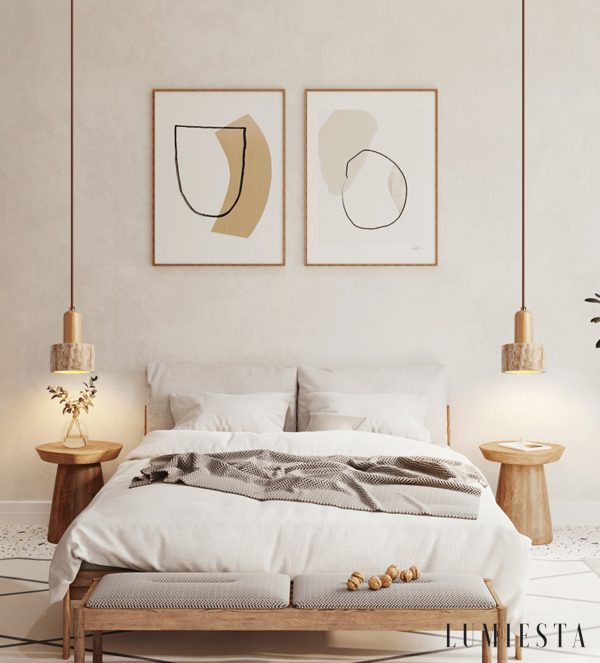 GinevraX - Lampa wisząca, żółty trawertyn i drewno, do salonu, Ø12/15 cm