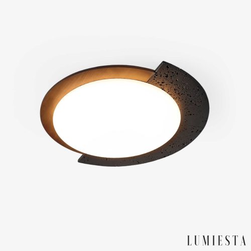 Gwiezdaron - Plafon czarny trawertyn z drewnianym akcentem, do salonu, Ø45/58 cm