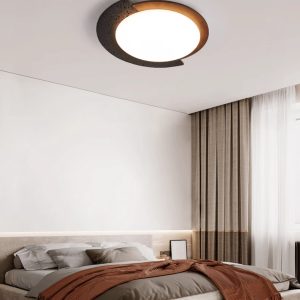 Gwiezdaron - Plafon czarny trawertyn z drewnianym akcentem, do salonu, Ø45/58 cm