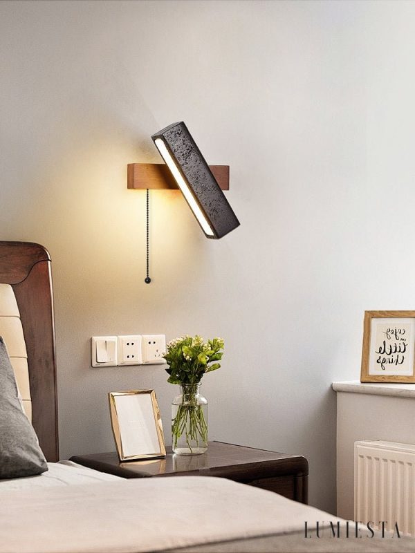 Helvetiax - Kinkiet nowoczesny czarny trawertyn z orzechem do salonu, 18×20 cm