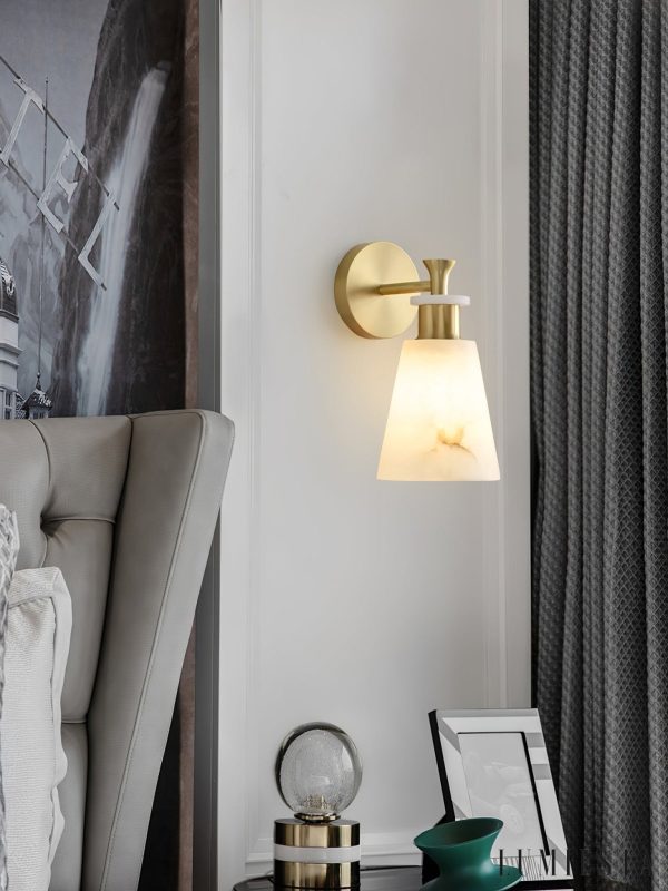 Ignisia - Kinkiet metalowy z alabastrem, antyczna miedź, do sypialni, Ø12x25 cm