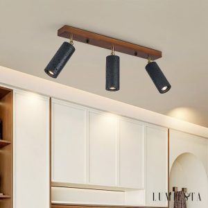 Ischara - Lampa wisząca nowoczesna czarny trawertyn i orzech nad stół Ø60/80 cm