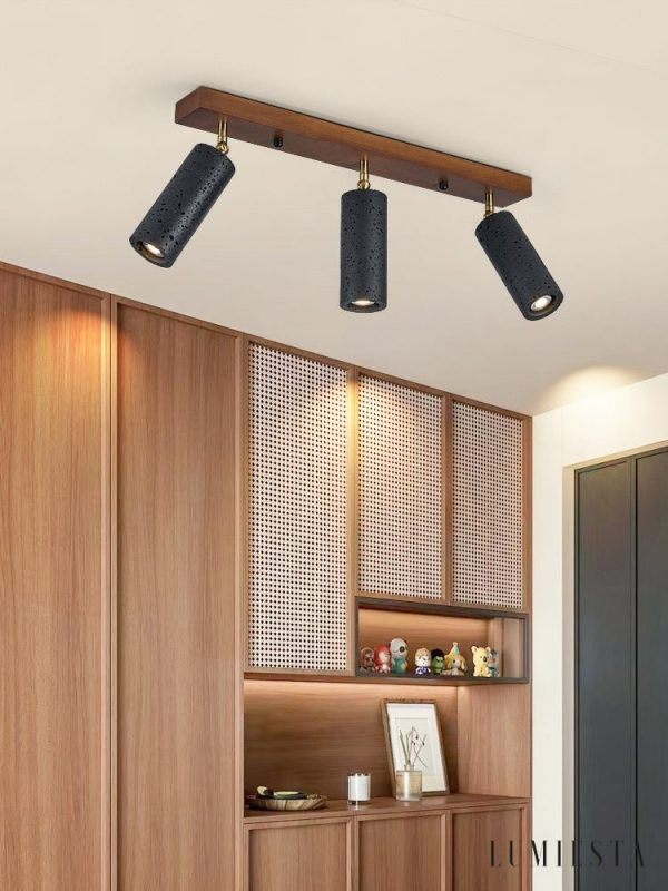 Ischara - Lampa wisząca nowoczesna czarny trawertyn i orzech nad stół Ø60/80 cm