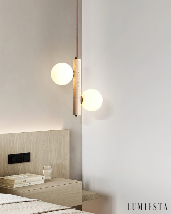 Kremenya - Lampa wisząca trawertynowa, żółty trawertyn do salonu, Ø25 h32/37 cm