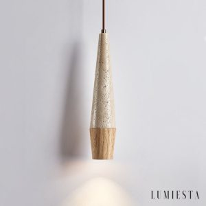 Latialis - Lampa wisząca skandynawska, orzech/żółty trawertyn, nad stół, Ø8xH37cm