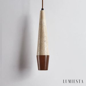 Latialis - Lampa wisząca skandynawska, orzech/żółty trawertyn, nad stół, Ø8xH37cm
