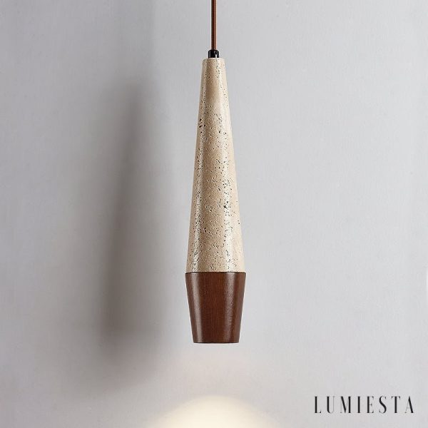 Latialis - Lampa wisząca skandynawska, orzech/żółty trawertyn, nad stół, Ø8xH37cm