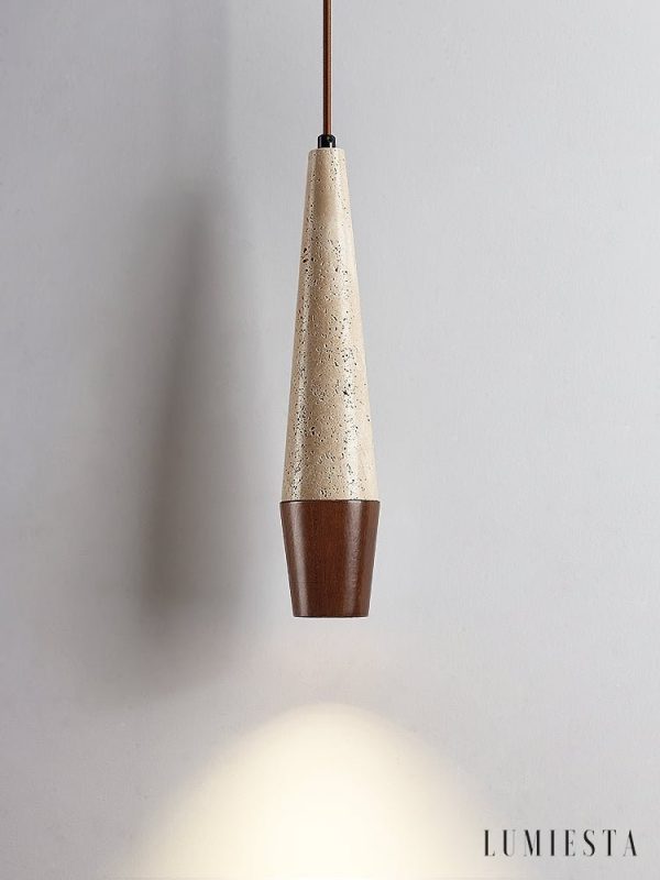 Latialis - Lampa wisząca skandynawska, orzech/żółty trawertyn, nad stół, Ø8xH37cm
