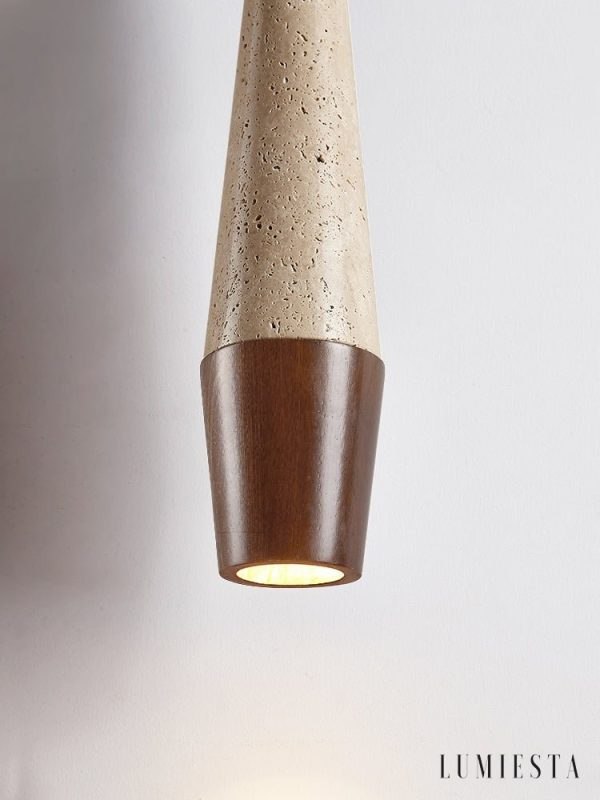 Latialis - Lampa wisząca skandynawska, orzech/żółty trawertyn, nad stół, Ø8xH37cm