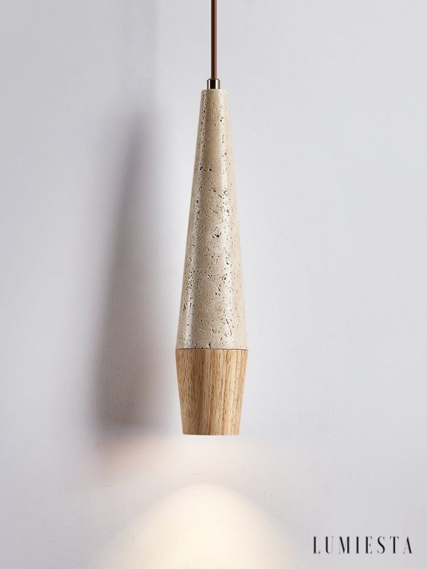 Latialis - Lampa wisząca skandynawska, orzech/żółty trawertyn, nad stół, Ø8xH37cm