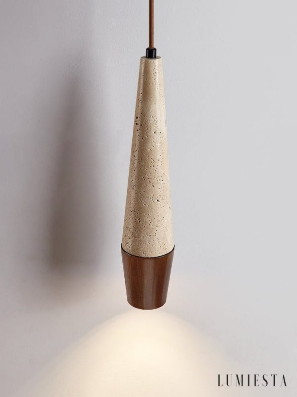 Latialis - Lampa wisząca skandynawska, orzech/żółty trawertyn, nad stół, Ø8xH37cm