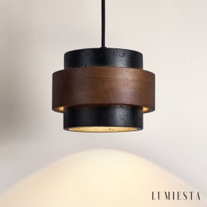 Latinae - Lampa wisząca loftowa, czarny trawertyn i orzech nad stół Ø17x12 cm