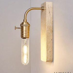 Lisboris - Lampa wisząca trawertynowa, czarna/złota do salonu Ø8xH23 cm