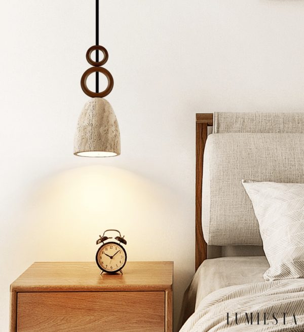 Luganis - Lampa wisząca trawertynowa, żółty/orzech, nad stół, Ø13 x H30 cm