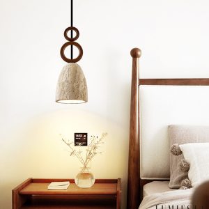 Luganis - Lampa wisząca trawertynowa, żółty/orzech, nad stół, Ø13 x H30 cm