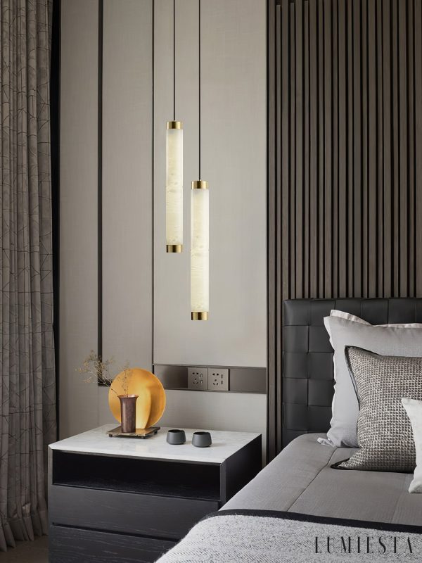 Machoria - Lampa wisząca nowoczesna złoto-biała, do jadalni, Ø8 x 50/60 cm