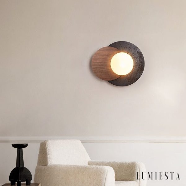 Madriax - Kinkiet nowoczesny, czarny travertyn i orzech do salonu, Ø30x25 cm