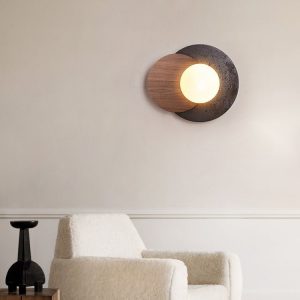 Madriax - Kinkiet nowoczesny, czarny travertyn i orzech do salonu, Ø30x25 cm