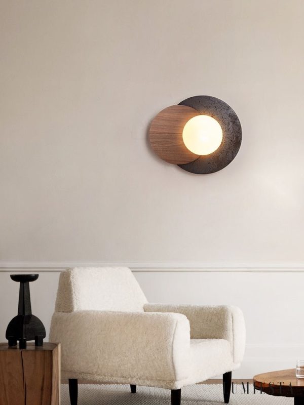 Madriax - Kinkiet nowoczesny, czarny travertyn i orzech do salonu, Ø30x25 cm