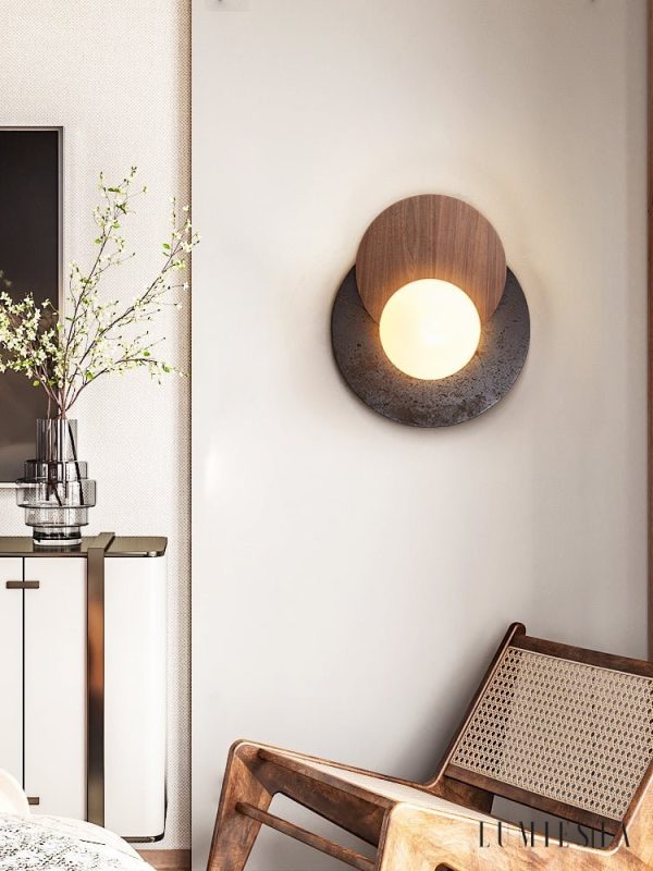 Madriax - Kinkiet nowoczesny, czarny travertyn i orzech do salonu, Ø30x25 cm