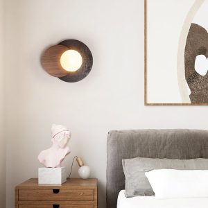 Madriax - Kinkiet nowoczesny, czarny travertyn i orzech do salonu, Ø30x25 cm