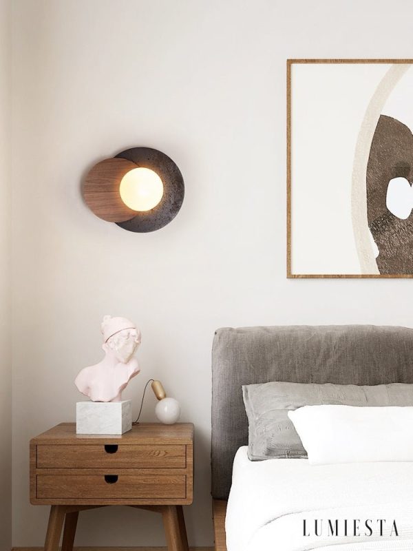 Madriax - Kinkiet nowoczesny, czarny travertyn i orzech do salonu, Ø30x25 cm