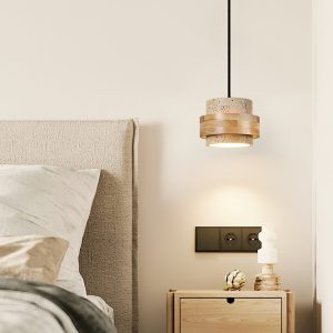 Malagara - Lampa wisząca żółty trawertyn i drewno, do salonu, Ø17x12 cm