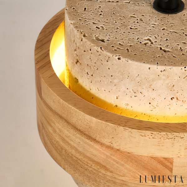 Malagara - Lampa wisząca żółty trawertyn i drewno, do salonu, Ø17x12 cm