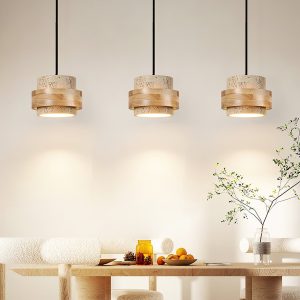 Malagara - Lampa wisząca żółty trawertyn i drewno, do salonu, Ø17x12 cm