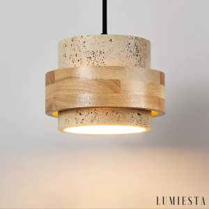 Malagara - Lampa wisząca żółty trawertyn i drewno, do salonu, Ø17x12 cm