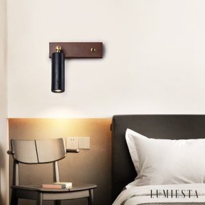 Mendozae - Kinkiet trawertynowy czarny z drewnem orzechowym do salonu, 4x17 cm