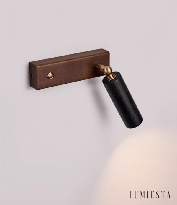 Mendozae - Kinkiet trawertynowy czarny z drewnem orzechowym do salonu, 4x17 cm