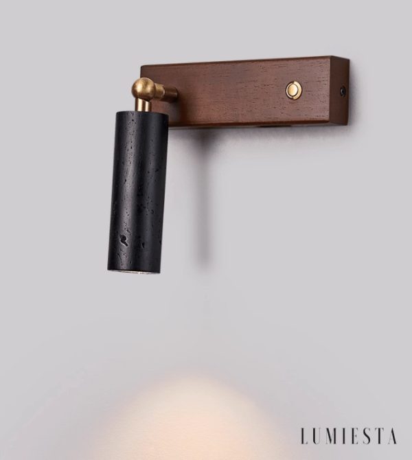 Mendozae - Kinkiet trawertynowy czarny z drewnem orzechowym do salonu, 4x17 cm