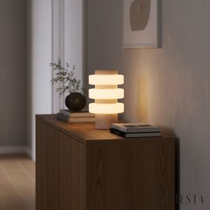 Meridia - Lampa stołowa z trawertynu lub marmuru, biała do salonu Ø18 x H30 cm