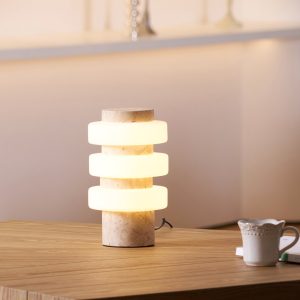 Meridia - Lampa stołowa z trawertynu lub marmuru, biała do salonu Ø18 x H30 cm