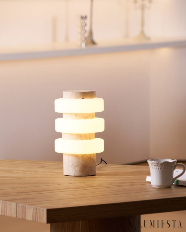 Meridia - Lampa stołowa z trawertynu lub marmuru, biała do salonu Ø18 x H30 cm