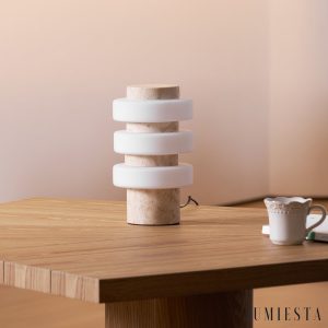 Meridia - Lampa stołowa z trawertynu lub marmuru, biała do salonu Ø18 x H30 cm