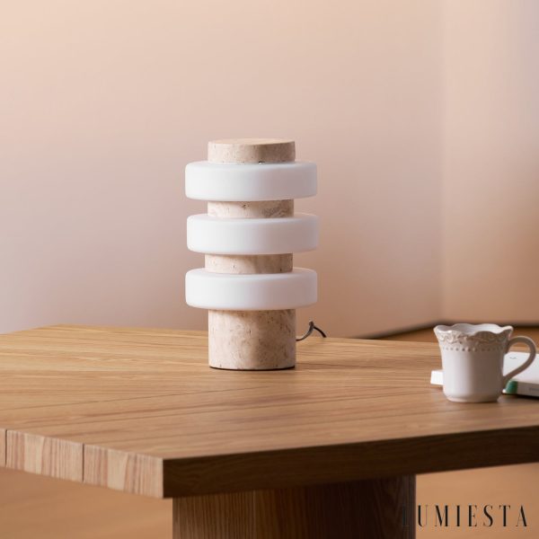 Meridia - Lampa stołowa z trawertynu lub marmuru, biała do salonu Ø18 x H30 cm