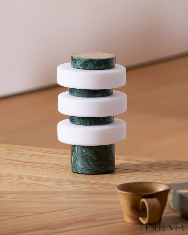 Meridia - Lampa stołowa z trawertynu lub marmuru, biała do salonu Ø18 x H30 cm