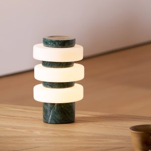 Meridia - Lampa stołowa z trawertynu lub marmuru, biała do salonu Ø18 x H30 cm