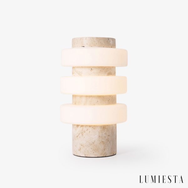 Meridia - Lampa stołowa z trawertynu lub marmuru, biała do salonu Ø18 x H30 cm