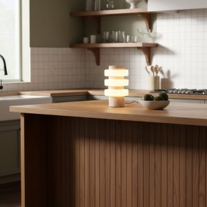 Meridia - Lampa stołowa z trawertynu lub marmuru, biała do salonu Ø18 x H30 cm