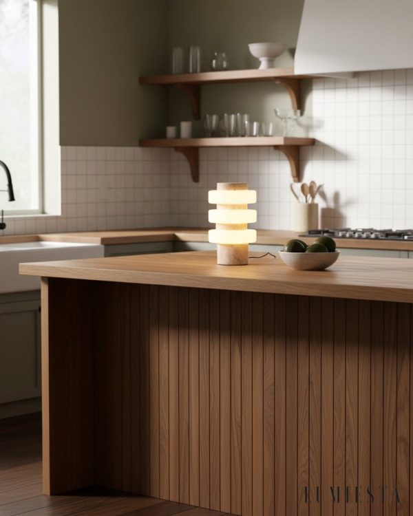 Meridia - Lampa stołowa z trawertynu lub marmuru, biała do salonu Ø18 x H30 cm