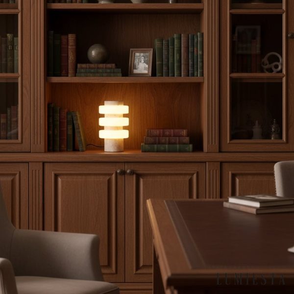 Meridia - Lampa stołowa z trawertynu lub marmuru, biała do salonu Ø18 x H30 cm