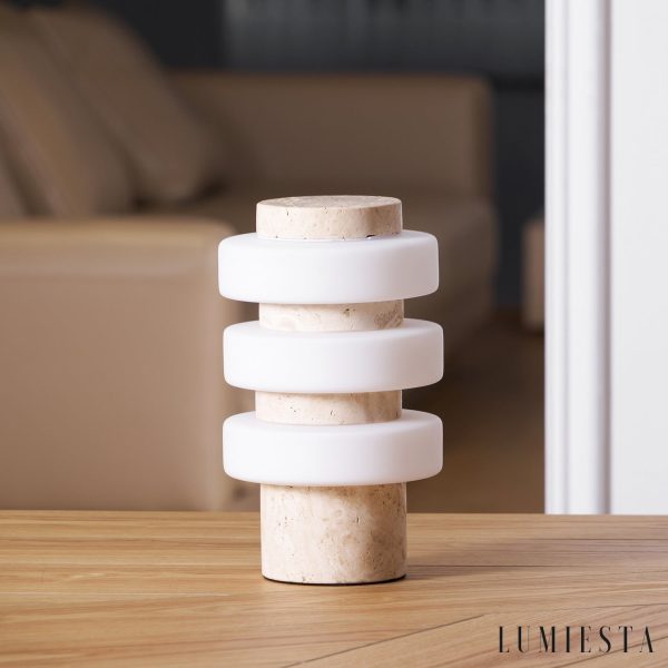 Meridia - Lampa stołowa z trawertynu lub marmuru, biała do salonu Ø18 x H30 cm