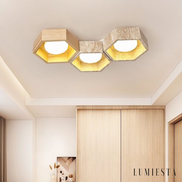 Monacora - Lampa sufitowa trawertynowo-drewniana do salonu, 30/43/57/70/82 cm